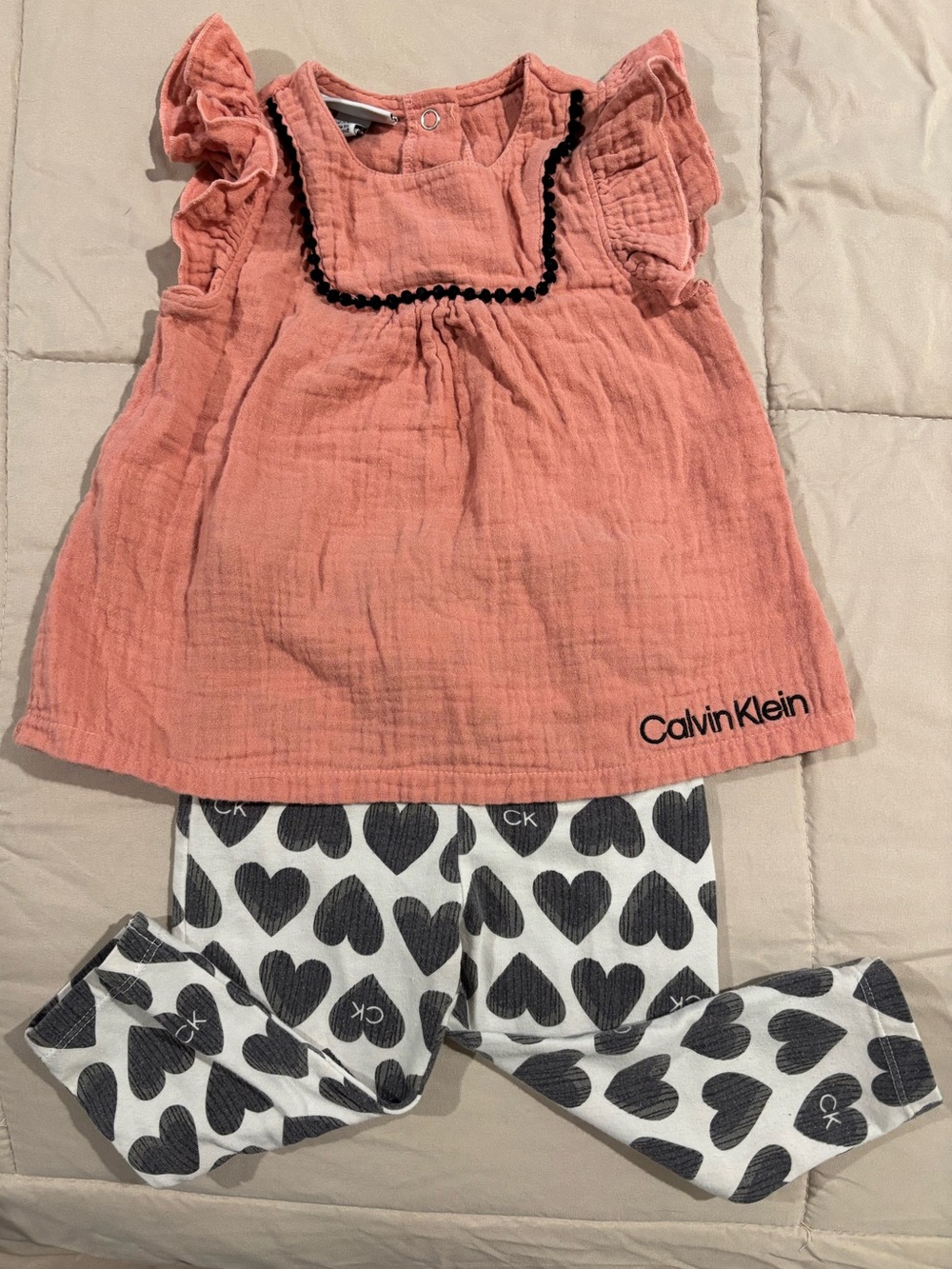 Calvin Klein Coral Ruffled Top with Black Trim & Heart Print Leggings